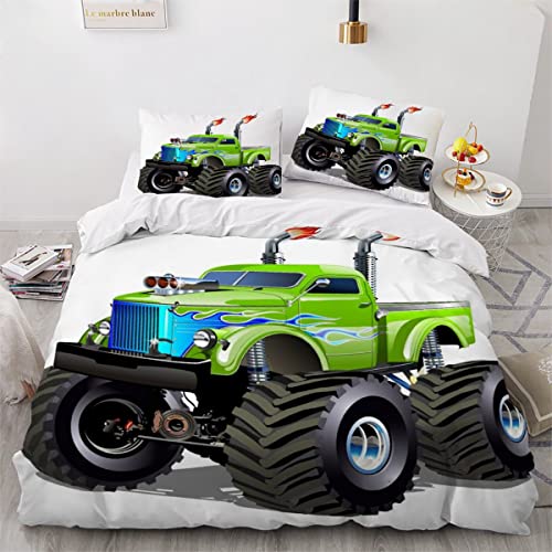 Cartoon Monster Truck Bettwäsche 135×200 Weiche Mikrofaser 3d Druck Coole Autos Bettbezug mit Reißverschluss Für Kinder Zimmer Dekor Jungen Mädchen 3 Teilig Bettwäsche Set mit 2 Kissenbezüge 80×80 cm