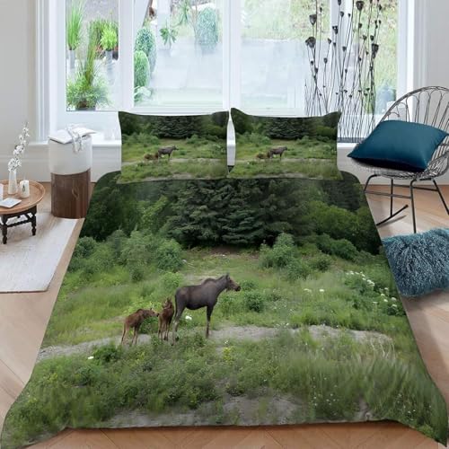Elch Bettwäsche 200x200 Dschungelgrasland Bettwäsche-Sets für Mädchen Jungen Kinder Weiche Mikrofaser 3D Drucken Bettbezug mit Reißveschluss und 2 Kissenbezüge P-313