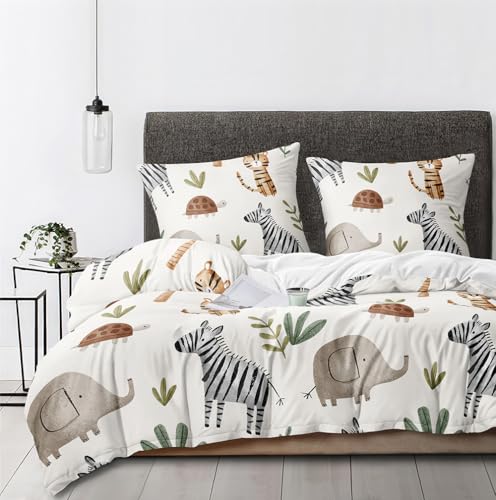 Boqingzhu Bettwäsche Tiere 135x200 cm Kinder - Bettwäsche-Sets Beige Zebra, Tiger, Elefanten, Schildkröten Bettbezug mit 1 Kissenbezug 80x80 cm, Bettwäsche Weich mit Süßem Tiermotiv