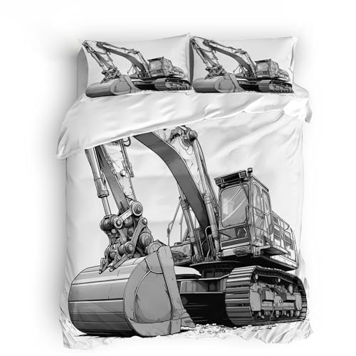 Bettwäsche Bagger & Bettwäsche Baustelle – 135x200cm mit 2 Kissenbezügen 80x80cm, ultraweiche & langlebige Mikrofaser, realistisches Bagger-Design für kleine & große BAU-Fans.