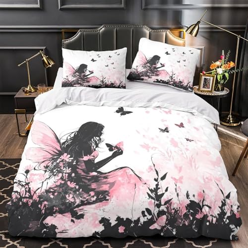 RJAVAGFZL Schmetterlingsfee-Kunst 3D-Bedruckt 3er-Set Steppbezug Fantasy-Illustrationsstil Bettdeckenbezug Mikrofaser Reißverschluss Staubmilbenfest für Jungen Kinder Erwachsene Single?140x200cm?