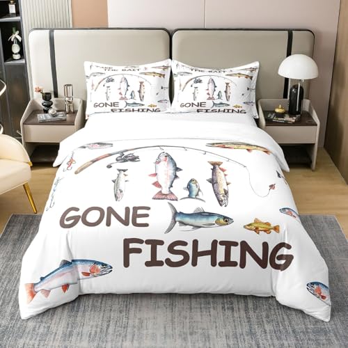 Loussiesd Angeln und Jagen Betten Set Hecht Fisch Baumwolle Bettwäsche Set 200x200cm für Jungen Mädchen Zimmer Dekor Bass Groß Fische Bettbezug Set Fischer Fisch Mann Bettbezug 3Stück Reißverschluss