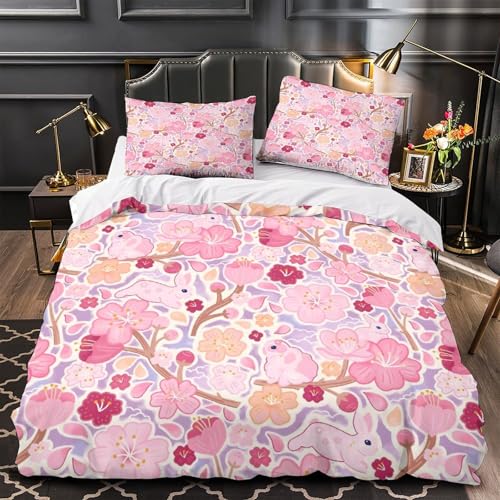 Blühende Kirschblüten Pink Japan 3D Gedruckter Für Kinder Mädchen Jungen Bettbezug Set Bettwäschegarnitur Weich Microfaser Bettwäsche Reissverschluss Und Kissenbezüge 3 Teilig Super King?260x220cm?