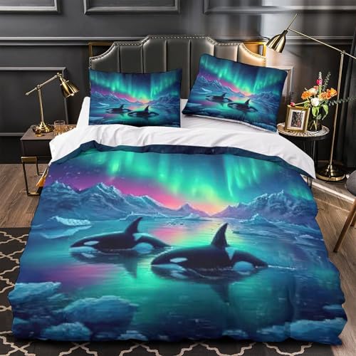 RJAVAGFZL Orcas 3D-Druck 3er-Set Bettdeckenbezug Arktische Aurora-Szene Bettbezug Mikrofaser Reißverschluss Atmungsaktiv für Kleinkinder Jugendliche Männer Single (135x200cm)