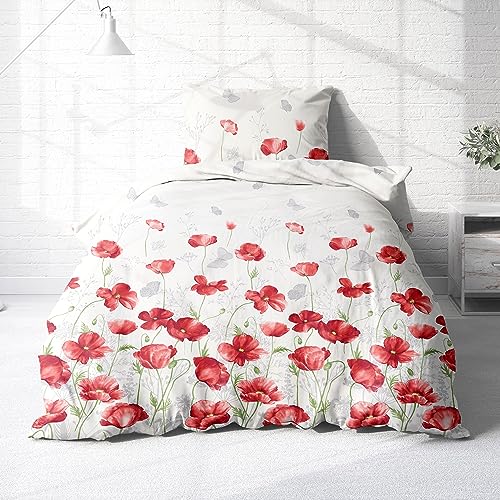 Träumschön Premium Bettwäsche 135x200 + 80x80 cm - Mohnblumen Design - Sommer Bettwäsche aus Baumwolle – Weich, Atmungsaktiv & Hautfreundlich - bügelfrei