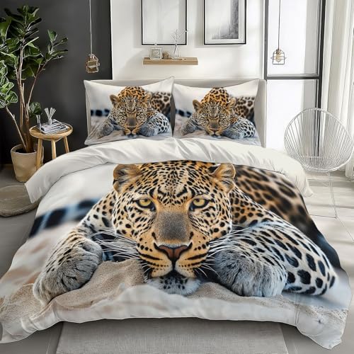 Weiß Bettwäsche 220x240 cm Tier Leopard goldgelb 3teilig Bettwäsche-Sets Kinder Mikrofaser Baumwolle, Soft Jungen Mädchen Bettwaren Bettbezug mit 2 Kissenbezug 80x80 cm