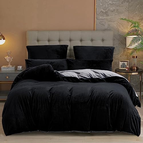 Damier Winter Plüsch Bettwäsche 135x200 Schwarz Grau Warm Flauschig Kuschelig Wende Bettwäsche Set Uni Einfarbig Samt Cashmere Touch Bettwäsche 2 Teilig mit Reißverschluss und 80x80 cm Kissenbezug