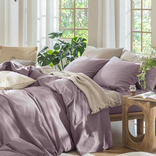 Lanqinglv Bettwäsche 135x200 Baumwolle,Taro Lila Bettwäsche-Sets mit Stone Washed,1 Bettbezug 135x200 cm + 1 Kissenbezug 80x80 cm Oeko-Tex Zertifiziert Bettwäsche mit Reißverschluss