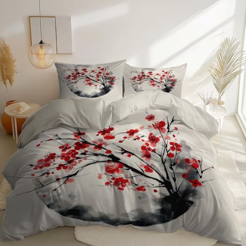 Bettwäsche Reversibel 200 x 200 cm, Maschinenwaschbar Bettbezug Set Orientalisch Blumen Tuschemalerei Thema, Atmungsaktiv Mikrofaser mit Reißverschluss und 2 Kissenbezug 80 x 80 cm, Aprikose