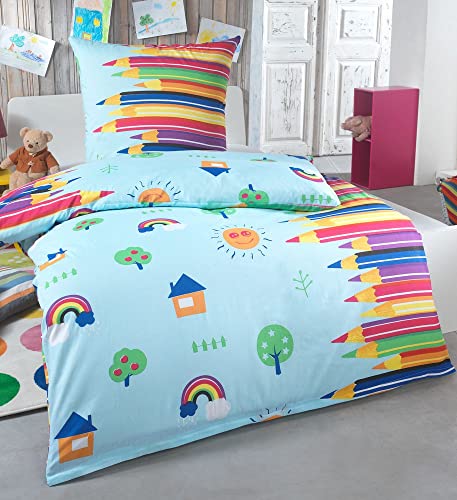 Kuscheli® Baumwolle Kinder Bettwäsche 135x200 für Mädchen und Junge Renforce Kinderbettwäsche Set Kissenbezug 80x80 bunt & farbenfroh, Design - Motiv:Design 1
