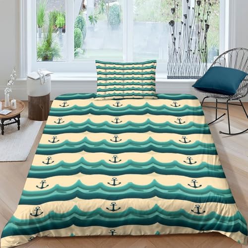 Bettwäsche Set Geometrisches Wellenmuster,3D Druck Muster Anker-Symbol,Bettbezug Single?135x200cm?, Mit Kissenbezügen,aus Mikrofaser Für Erwachsene Kinder Teenager