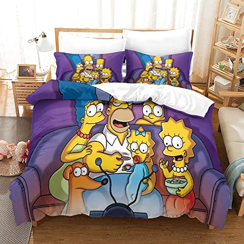YINGD The Simpsons Bettbezug-Set, 3D-Digitaldruck, dreiteilige Bettwäsche, Anime-Charaktere, Bettbezüge, pflegeleicht, mit Reißverschluss, Bettbezüge, 1 Kissenbezug (220 x 240 cm)
