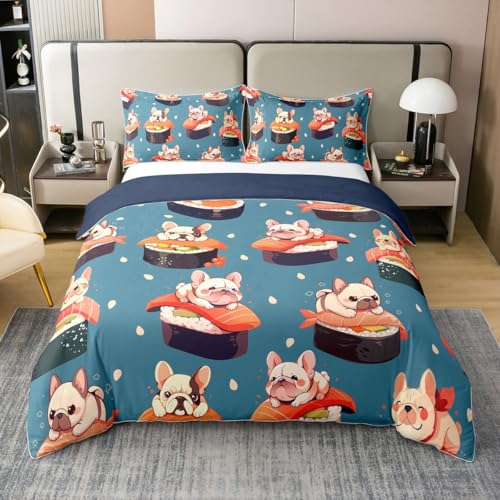 Loussiesd Kinder Sushi Baumwolle Bettwäsche Set 135x200cm Japanische Sushi Cartoon Mops Hund Bettbezug Jungen Mädchen Kawaii Stil Sushi Betten Set Japanische traditionelle Art Essen Bettwäsche-Set