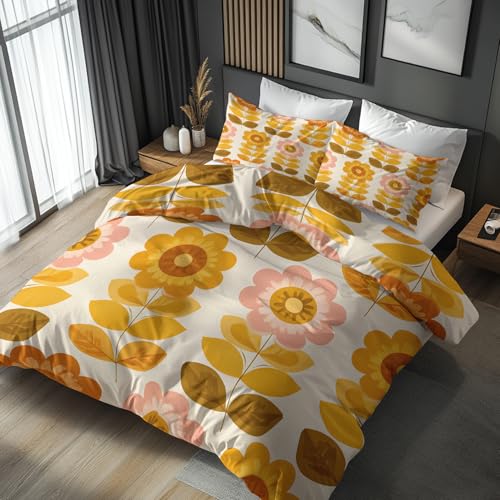 Retro Blumen Bettwäsche 135x200 Bügelfreie - Sonnenblume 70er Stil Muster, Renforce Wendebettwäsche Bettbezug 2er Set Cozy Mikrofaser Mit Reißverschluss, 1 Kissenbezug, Geschenk Retro Blumen, LS7204