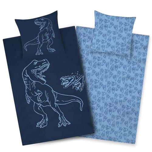 Aminata kids Dino Bettwäsche 135x200 Jungen Baumwolle Dinosaurier-Dino-Motiv Kinder-Bettwäsche-Wende- Set T-Rex | mit Reißverschluss blau - 2tlg