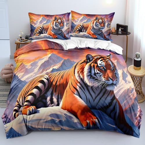 Ypthriline Bettwäsche 135x200 Schneeberg Bettbezug 3D Tiger Bettbezug Mikrofaser 3teilig - 1 Warmes Weiche Bettwäsche 135x200 cm + 2 mit Reißverschluss Kissenbezüge 80x80 cm