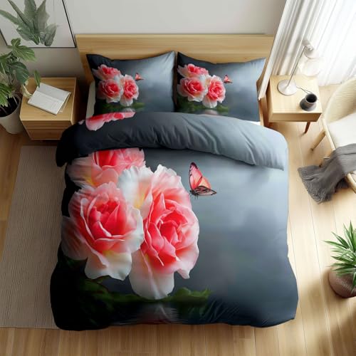 Surreale Fotografie Bettwäsche-Set 135 x 200 cm Rosen Grüne Blätter Schmetterlinge Bettbezug, Wendebettwäsche und Kissenbezug - Weiche & Angenehme Allergiker Bettwäsche-Sets mit Reißverschluss