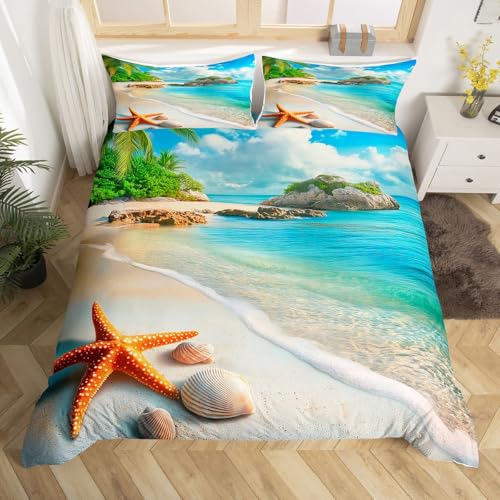 feelingyou Strand am Meer Kinder Bettdecke M Größe Sommerblauer Ozean Naturlandschaft Troster Abdeckung für Jungen Mädchen Seestern-Shell-Seelife Bettwäsche Set(1 Kissenbehälter)