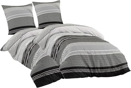Sentidos Bettwäsche-Set 4teilig Renforcé Baumwolle 135x200 cm mit Reißverschluss Bett-Bezug, 80x80 cm Kissen-Bezug Bett-Garnitur Grau schwarz weiß (2 STK.135 x 200 cm + 2 STK. 80 x 80 cm)