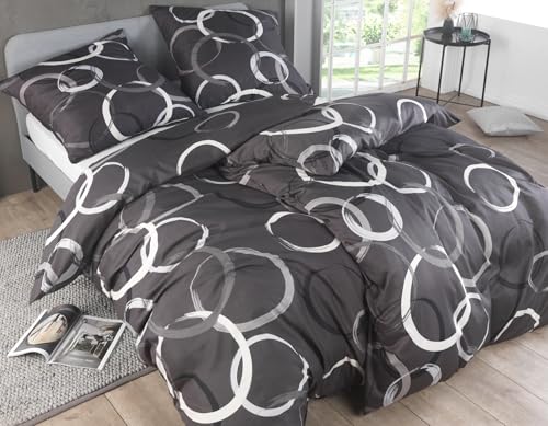 Kuscheli® Bettwäsche 135x200 4 teilig, Mikrofaser Bettwäsche Set, Bettbezug 135 x 200 & Kissenbezügen 80x80, ÖkoTex Zertifiziert, Design Kreise Anthrazite