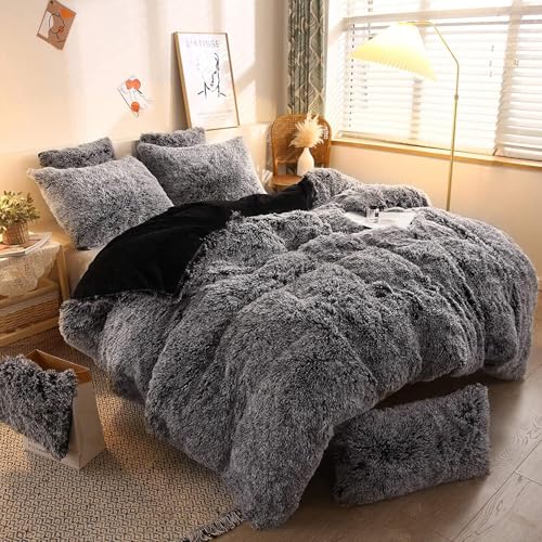 Sacebeleu Winter Bettwäsche 200x200cm Schwarz Plüsch Langhaar Flauschig Flanell Biber Bettbezug Warme Deckenbezug Bettbezug und 2 Kissenbezug 80x80cm mit Reißverschluss