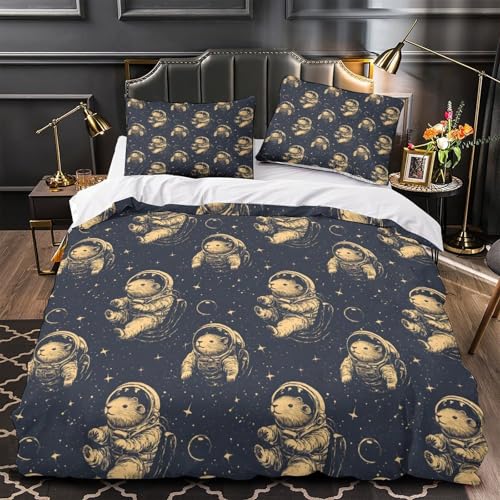 MSVMPGTHB Weltraumbiber 3D Bedruckt Bettbezug 3teilig Mikrofaser maschinenwaschbar Cartoon-Astronauten-Desig n Deckenbezug 2 Kissenbezüge pflegeleicht Erwachsene Paare Double?200x200cm?