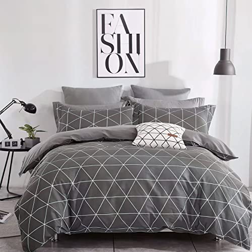 KEAYOO Bettwäsche 135x200 Baumwolle Aesthetic Grau Set Geometrische Kariert Wendebettwäsche mit Reisverschluss Hautfreundliche und Weiche Stoffqualität für Sommer bis Winter