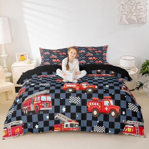 Homemissing Feuerwehr Bettwäsche-Set Jungen Mädchen blau schwarz Plaid Bettwäsche Set 135x200cm atmungsaktive weiche Feuerwehrleute Autofahrzeug Bettbezug Set 2 Stück Schach Schlafzimmer Dekor