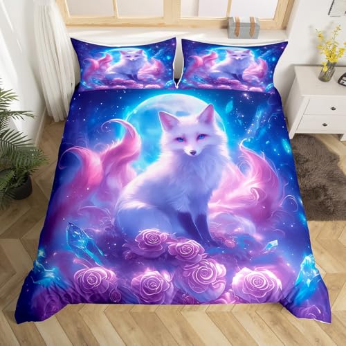 feelingyou Fuchs Bettwäsche Sets S Größe, weiße Wildtier Blaue Galaxy umkehrbare Bettdecke 2 Stück für Kinder Schlafzimmer, Moon Stars Pink Rose Floral Quilt Cover, 1 Kissenbezug (Keine Decke)