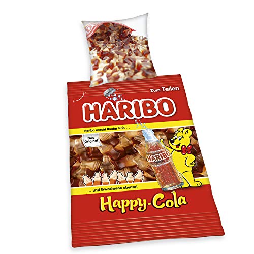 Herding Haribo Happy-Cola Bettwäsche-Set, Wendemotiv, Kopfkissenbezug 80 x 80 cm, Bettbezug 135 x 200 cm, Mit leichtläufigem Reißverschluss, Baumwolle/Renforcé