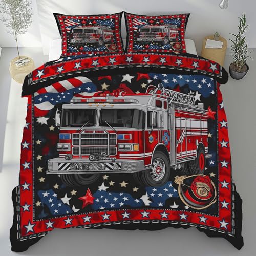 Tyafsgvqo Feuerwehrwagen Bettwäsche 135x200 cm, Feuerwehr Fahrzeuge Auto Bettbezug 3 Teilig Bügelfrei, Feuerwehrmann LKW Bettwäsche Set Weich Atmungsaktiv, Wendebettwäsche mit 2 Kissenbezug 80x80 cm