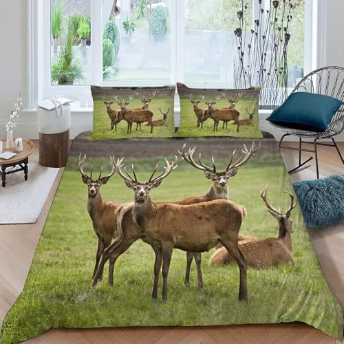 Hirsch Bettwäsche übergröße 155x220 Tiere Elch 3 Teilig Bettbezug 155 x 220 cm 3D Bettwäsche-Sets Weiche Bettbezug Set Süßes REH Bettbezüge Set und 2 Kissenbezüge a.4083