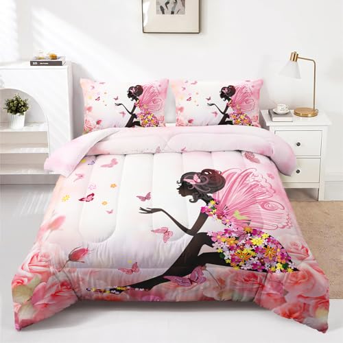 HOTRCR 3-teiliges Bettwäsche-Set mit Feen-Schmetterlingen, rosa Rose, für Mädchen und Erwachsene, Schlafzimmer- oder Raumdekoration, Ganzjahresdecke, Mikrofaser-Steppdecke mit 2 Kissenbezügen für