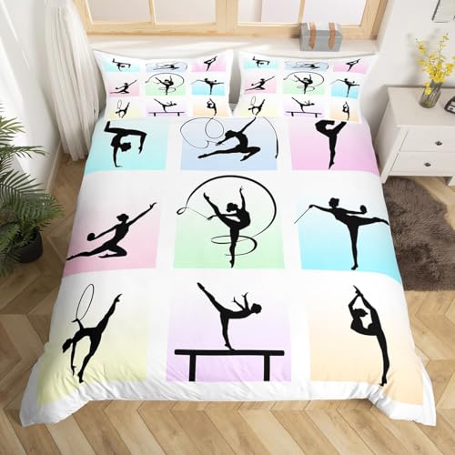 Gymnastik Bettwäsche Set S Größe,Gymnast Silhouette Bettbezug Set Kinder Mädchen Frau Teens Zimmer Dekor,Sport Tanzen Liebhaber Tröster Abdeckung Bunte Gitter Patchwork Quilt Cover,1 Kissenbezug