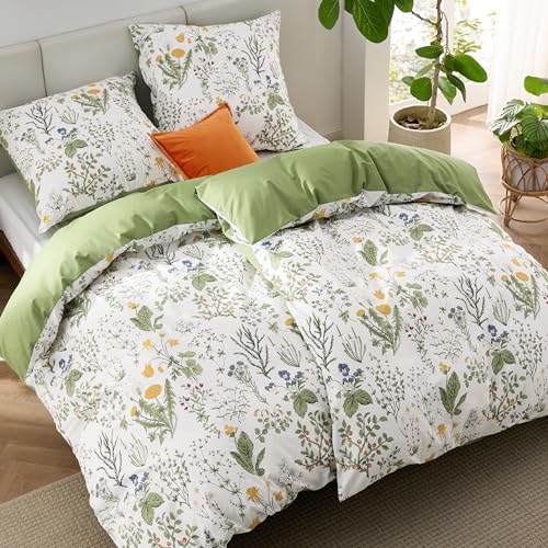 BEDSURE Bettwäsche 135x200 4teilig Baumwolle - Bettwäsche-Sets Grün Bettbezug 2er Set mit 2 Kissenbezüge 80x80 cm, Wendebettwäsche Bedding Salbeigrün Blumen Muster mit Reißverschluss