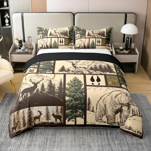 Loussiesd süßes Hirsch 100% Baumwolle Bettwäsche Set 135x200cm Bär Bettbezug Set Elch Wildtier Landhaus Baum Berg Betten Set Braun Plaid Bettwäsche-Set