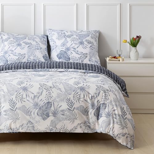 Tokokimo Bettwäsche 200x200 Baumwolle - Bettwäsche-Sets 3 Teilig mit Reißverschluss - Blau Palmwedel Tropische Pflanze Muster - Bettbezug 200X200 cm mit 2 Reißverschluss-Kissenbez ug 80x80 cm