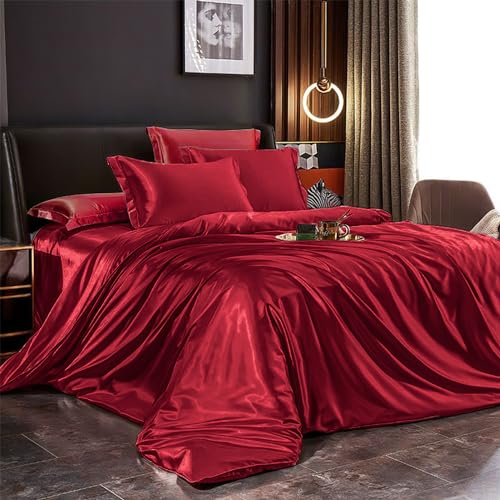 Bettwäsche Set Satin 200x220cm 3teilig Rot Silky Touch Glänzend Seide Einfarbig Bettbezug Set Glatt Luxus Weinrot Bettwäsche Set Microfaser Einzelbett mit Reissverschluss und Kissenbezüge 80x80cm