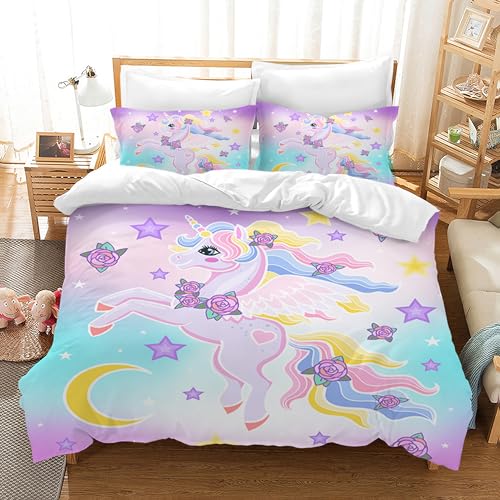 HZVRTN Kinder Bettwäsche Set für Mädchen, Soft Mikrofaser Bettbezug Mit Reißverschluss Kissenbezug, 3D Einhorn Cartoon Bettwäscheset (135x200cm, Einhorn B)