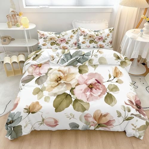 Wendbarer Bettbezug 3-teilig 155 x 220 cm Weiche Mikrofaser Elegante Aquarellblumen Bettwäsche mit Reißverschluss, Eckbändern & 2 Kissenbezügen für Jungen & Mädchen Bunt