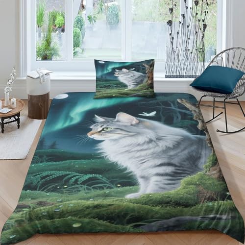 CHUIYUFULAN Norwegian Forest Katze Bettbezug Set Bettwäsche-Sets Kinderbettwäsche Reißverschluss Mit Kissenbezug, Betten Set Für Jugendliche Kinder Schlafzimmer Single?135x200cm?
