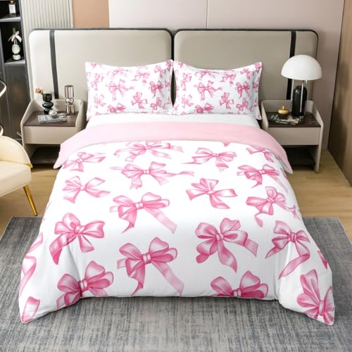 Pink Bowknot 100% Natur Baumwolle Bettdecke Abdeckung 3D Bow Tie Gradient Druck umkehrbare Decke Abdeckung s Größe mit 1 Kissenbezug Aquarell niedliche Prinzessin Stil ästhetische Bettwäsche Set