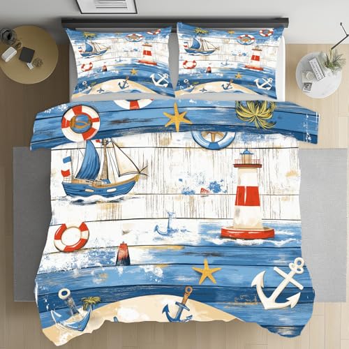 Pggong Anker Leuchtturm Segelboot Nautisches SommerBettwäsche 135x200 Maritim Meeresabenteuer Bügelfreie Bettwäsche 3teilig mit 2 Kissenbezüge 80x80 cm Mikrofaser Bettbezug Kühlend mit Reißverschluss