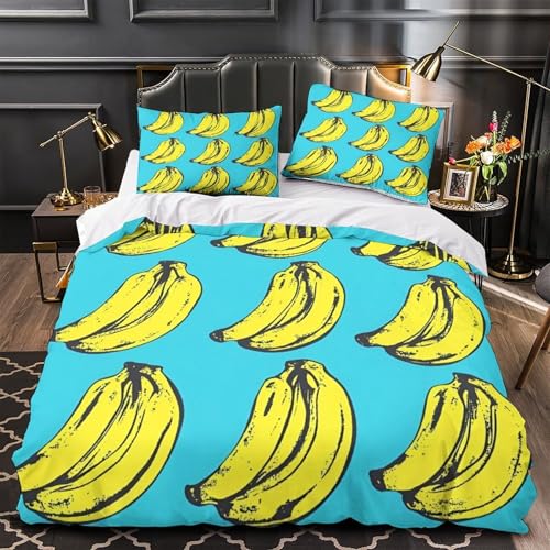 Bananendruckkunst 3D-Bedruckt 3er-Set Kuschelbezug lebendiger Pop-Art-Stil Bettdeckenbezug Mikrofaser Reißverschluss Hypoallergen für Kinder Männer Erwachsene Single (135x200cm)