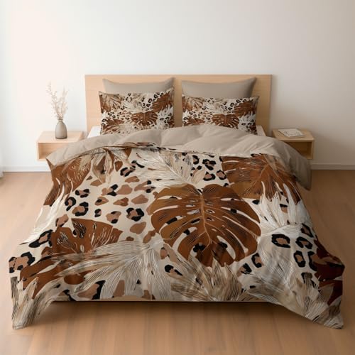 Bettwäsche 200 x 200 cm 3-teilig – Bettwäsche Set Hellbeige mit Bettbezug und 2 Kissenbezügen 80x80 cm, Wendebettwäsche Elegant Erdtöne Palme Leopardenmuster mit Reißverschluss