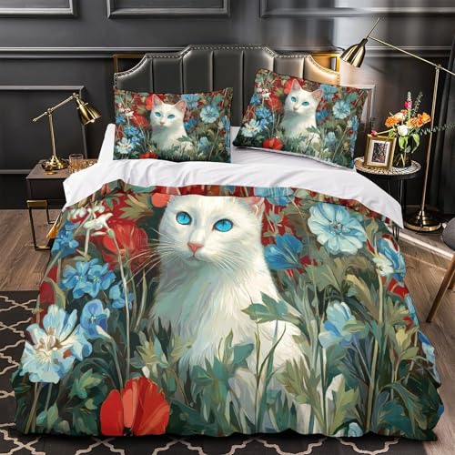 kaiyun Duvet Cover Set with Pillowcases,Weiße Katze with Blue Augen 3D Druck,Very Soft,Russian Volkskunst Microfaser,Bettwäsche Für Erwachsene Kinder Super King?260x220cm?