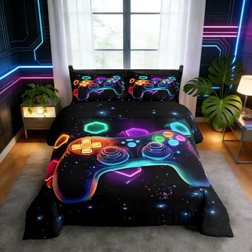 Homewish Gamer Bettwäsche 135x200 Jungen,Gaming Bettwäsche-Set für Kinder Teenager Spiele Enthusiast,Farbe Gamepad Bettbezug Moderne Modisch Sternenhimmel Gedruckt Spielzimmerdeko Bettwäscheset Weich