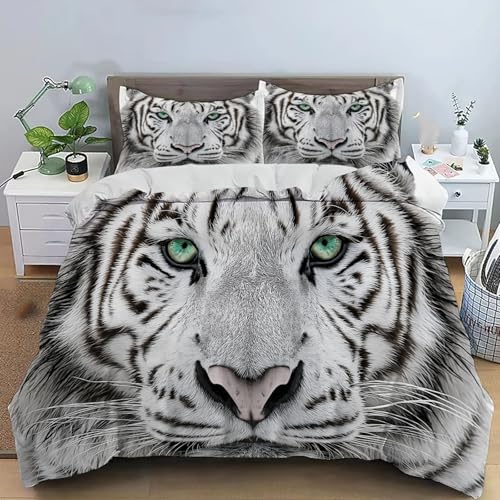 CEDNXOER Bettwäsche-Set 2Teilig 135x200cm Tiger Gesicht -Bettbezug Für Teenager, 3D Tierwelt Microfaser Grau Bettwäsche Set Mit Reißverschluss Und 1 Kissenbezüge 80x80cm