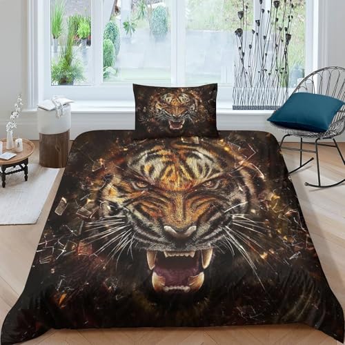 CHUIYUFULAN Tiger Bettbezug Set Bettwäsche Kinderbettwäsche-Set Reißverschluss Mit Kissenbezug, Betten Set Für Jungen Und Mädchen, Kinder Single?135x200cm?