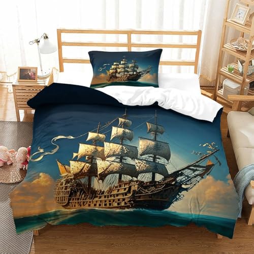LILIlaobiao Pirate Boat Bettwäsche Single?135x200cm?, Duvet Cover Set Mit Sailboat Motiv, Komfortabel Bettbezug Mit Kissenbezügen: 80 X 80cm